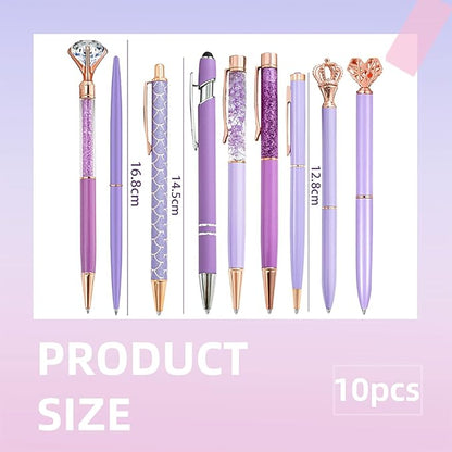 10 Pcs Glitter Ballpoint Pens,Comfortable Writing Pens,Metal Retractable Pretty Journaling cute Pens bulk, Black Ink Medium Point (1.0mm)