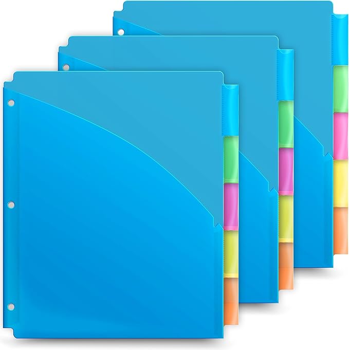 Dunwell 5-Tab Dividers with Pockets for 3-Ring Binder (3 Sets, 15 Count), Plastic Binder Dividers with Tabs and 2 Pockets, Binder Pocket 3 Hole Punched for 8.5x11 Paper, Includes Label Inserts