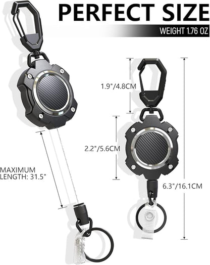 LIUGX Retractable Keychain, Heavy Duty Carabiner Key Chains, 10,000+ Rebound, Impact Resistance Tactical ID Badge Reel with 31.5” Wire Rope and Key Ring, Up to 8oz, Aluminum Ring, Carbon Fiber-Texture