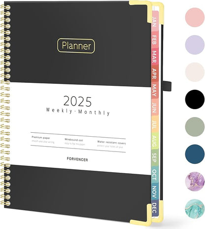 Forvencer 2025 Planner, Hardcover Weekly and Monthly Planner, January 2025 - December 2025, 8.5" x 11", Spiral Calendar Planner with Tabs, Exquisite Daily Organizer Notebook with Inner Pocket, Agenda Journal for Office Home School, A4 Size, Black