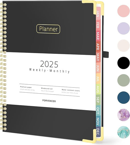 Forvencer 2025 Planner, Hardcover Weekly and Monthly Planner, January 2025 - December 2025, 8.5" x 11", Spiral Calendar Planner with Tabs, Exquisite Daily Organizer Notebook with Inner Pocket, Agenda Journal for Office Home School, A4 Size, Black