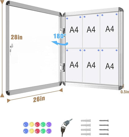 28"x26" Enclosed Bulletin Board, Lockable Weather-Resistant Aluminum Noticeboard for School & Office, Silver Frame w/Magentic Whiteboard