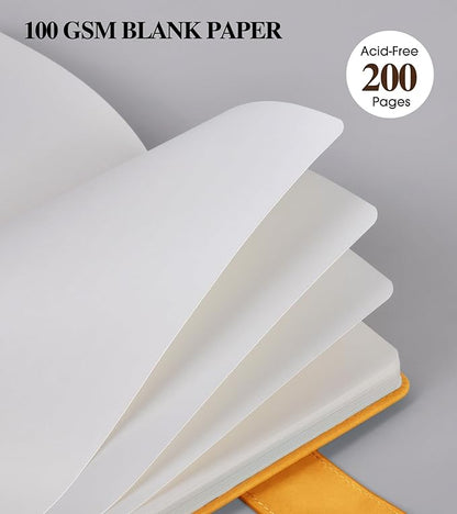 Blank Journal Notebook, A5 Hardcover Leather Sketchbook with 200 Pages Thick Blank Paper for Men Women, Unlined Drawing & Writing Journal, 5.9" x 8.4" Plain Notebook (yellow)