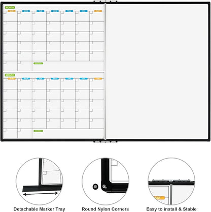JILoffice Magnetic Foldable Dry Erase Calendar Whiteboard Combo, 2 Month Calendar Board & White Board 72 X 40 Inch, Black Aluminum Frame Wall Mounted Board for Office Home and School