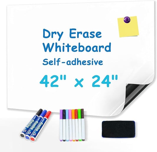 Magnetic Dry Erase Board Paper for Wall Self Adhesive Whiteboard White Board Sticker 42" x 24" for Office Home Playroom with Marker Eraser Magnet Peel and Stick