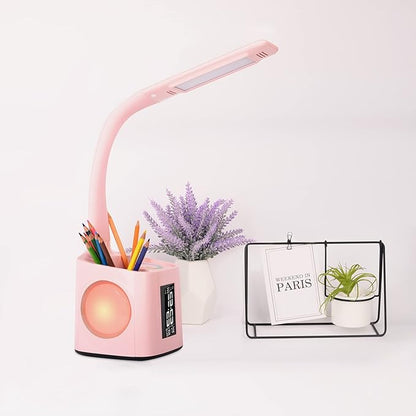 LED Desk Lamp with Clock,Color Changing Nightlight,Study Lamp with Pen Holder,Desk Light with USB Charger,Table Light for Home,Office,Bedroom,Gift for Kids,Students,Women,Pink