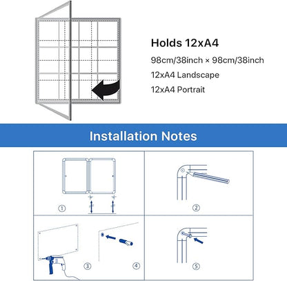 SWANCROWN Locking Bulletin Boards Enclosed Noticeboard White Glass Message Boards Indoor for School Office 38x38 inches (12xA4)