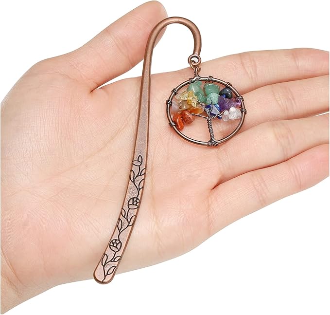 Jovivi Antique Copper Metal Bookmark Beading Bookmarks with Handmade 7 Chakra Tree of Life Tumbled Gemstones