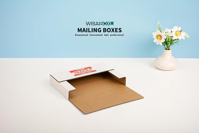 DVD Shipping Boxes 9"L x 6"W x 1.3"H Easy-Fold Small Box for Mailing, Storing, Package, Gifts, Crafts, Business or Home, with Fragile Stickers, White, 50-Pack