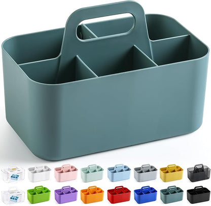 Multiuse Caddy Organizer with Handle - Stackable Plastic Tote Bin - Art Craft Supplies, Office, Desk, Stationery Pen Holder, Kitchen, Utensil, Makeup, Bathroom, Shower, Cleaning, Dorm Organizer - Cyan