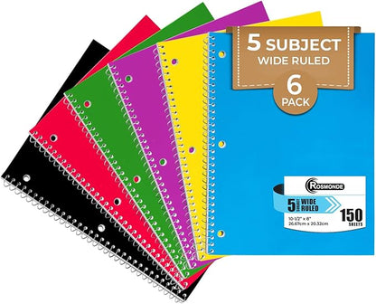 5 Subject Notebook Wide Ruled, 6 Pack, 300 Pages (150 Sheets), 8 x 10-1/2", 5 Subject Spiral Notebook with Dividers, Thick Paper Fights Ink Bleed, 3 Hole Punched, Spiral Notebooks for School