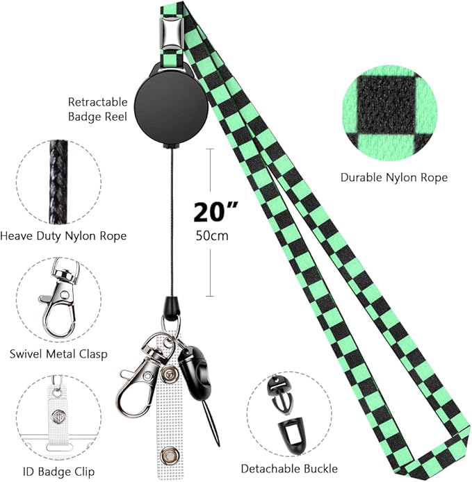 6 Pack Retractable Badge Lanyards and ID Badge Holder, Strap Lanyard with Swivel Metal Clasp for Badge Holders, Keychains, Offices, Staff, Students, Employees, Black Green Chequer