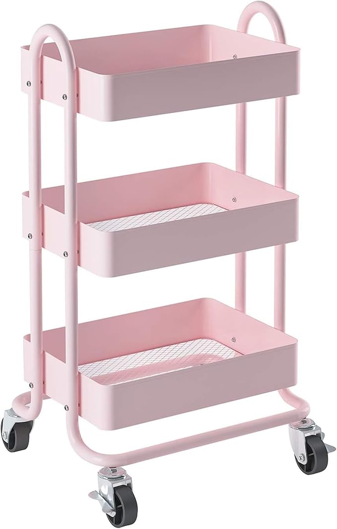 3-Tier Pink Utility Rolling Cart,Kitchen Storage Carts with Wheels,Pink Metal Rolling Cart for Office,Home,Kitchen,Garden（13.4"x18.1"x31"） Pink