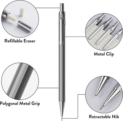 Four Candies 0.7mm Mechanical Pencil Set with Case - 4PCS Metal Mechanical Pencils, 8 Tubes HB #2 Lead Refills, 3PCS 4B Erasers and 9PCS Eraser Refills, Lead Mechanical Pencils for Writing & Drawing