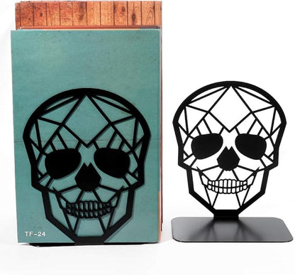 Metal Skull Design Black Bookend - Heavy-Duty Bookends for Shelves, Skull Book Ends for Heavy Books, Book Shelf Holder Home Office Decorative Desktop Organizer (2 Pair)