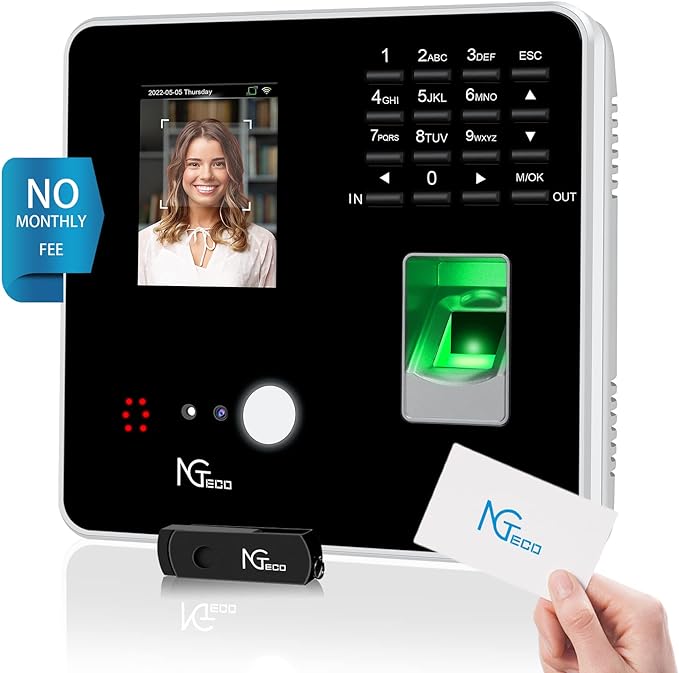 NGTeco Time Clocks for Employees Small Business with Face, Finger Scan, RFID and PIN Punching in One, MB2 Office Time Card Machine Automatic Punch with APP for iOS Android (0 Monthly Fee)