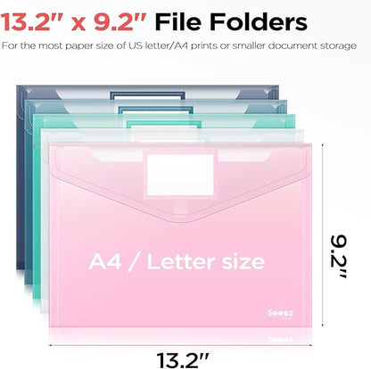 Sooez 10Pack Envelopes, Clear Folders for Documents, Trendy Colors, Super Heavyweight Plastic Document Holders, Storage Pouches, File Envelopes for School & Office Supplies