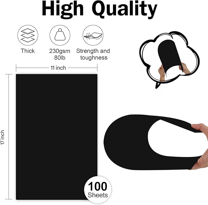 100 Sheets Black Cardstock 11x17 Thick Paper, Goefun 80lb Heavyweight Legal Printer Paper for Halloween, Arts, Crafts, Ledger, Tabloid, Posters