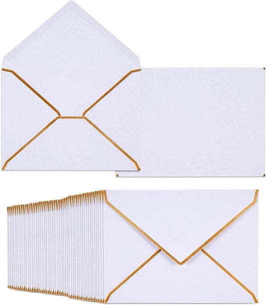 50 Pack A7 Envelopes 5 x 7 Card Envelopes Self-Adhesive V Flap Envelopes with Gold Border for Office, Wedding Gift Cards, Invitations, Graduation, Baby Shower, Parties (White)
