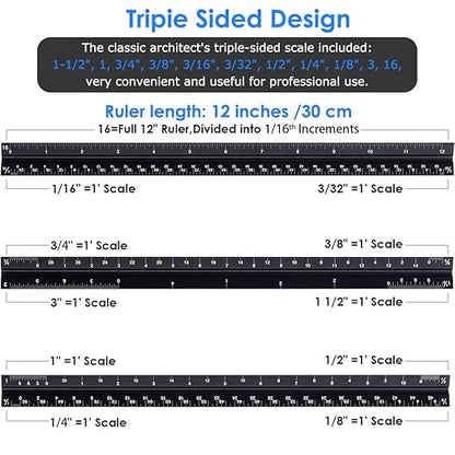 Architectural Scale Ruler,12" Aluminum Architect Triangular Ruler Engineers Ruler,Construction rulers for Architects, Blueprint,Students, Draftsmen and Engineers by Soraco(Black)