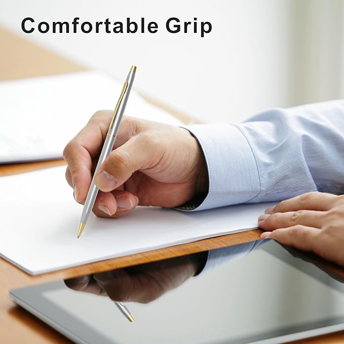 Cambond Black Pens Ballpoint Pens - Fancy Pens Comfortable Writing Gift Mini Conical Sliver Pen Slim Retractable Smooth Writing Bulk 1.0mm Medium Poin, 10 Pack (Silver)