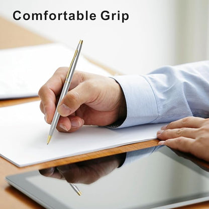 Cambond Black Pens Ballpoint Pens - Fancy Pens Comfortable Writing Gift Mini Conical Sliver Pen Slim Retractable Smooth Writing Bulk 1.0mm Medium Poin, 10 Pack (Silver)