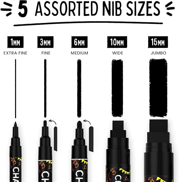 5 Black Chalkboard Chalk Markers - Black Dry Erase Markers for Blackboard, Chalkboard Signs, Windows, Glass | Variety Pack - Fine & Jumbo Size Ink Pen (1mm, 3mm, 6mm, 10mm, 15mm)