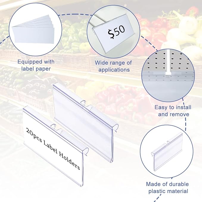 Diteje 20 Pack Plastic Wire Shelf Label Holder,Shelving Rack Retail Sign Hook Labels Clip On with Paper Inserts,2.36x1.50inch