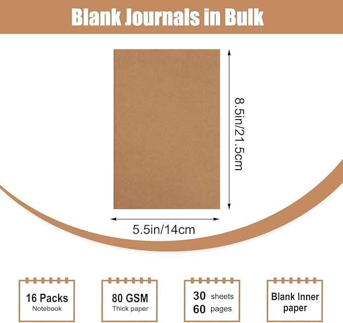 EOOUT 16 Pack A5 Kraft Notebook Journals for Writing 8.3x5.5 Inches Size College Ruled Subject Notebooks 60 Pages with Lined Paper Students and Office Composition Notebook