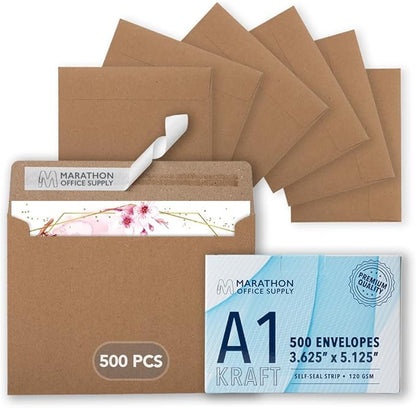 MOS A1 Invitation Envelopes – 3-5/8" x 5-1/8" Kraft Mailing Envelopes Self Seal (500 Count) – 120GSM/ 32LB Bond Heavy Duty – Gift Card, Business, Wedding, Card