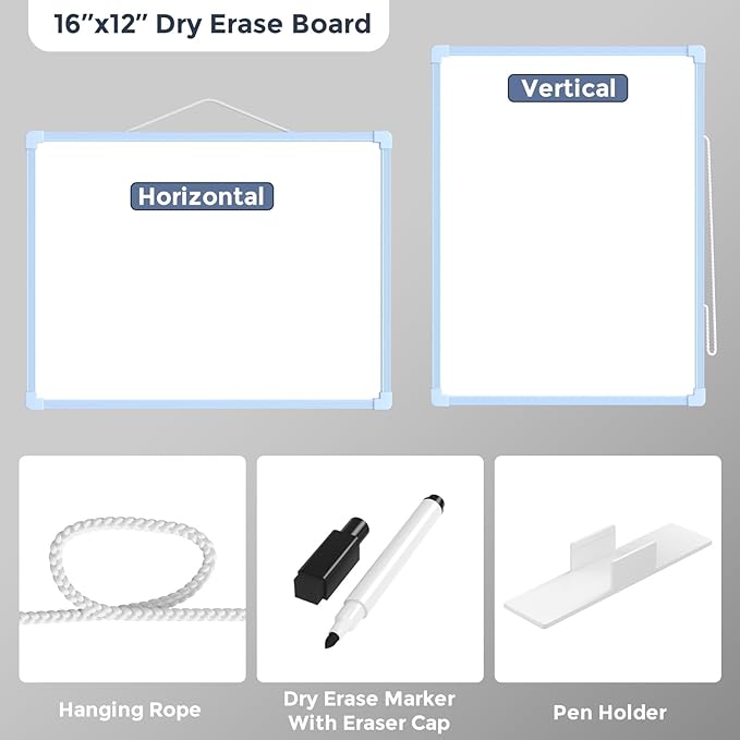 MaxGear Double-Sided Dry Erase Board for Wall, 16"x12" Hanging Whiteboard, Small Dry Erase White Board kit, Portable Whiteboard for Students - Planning, Drawing, Memo, to Do List, Blue Frame