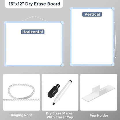 MaxGear Double-Sided Dry Erase Board for Wall, 16"x12" Hanging Whiteboard, Small Dry Erase White Board kit, Portable Whiteboard for Students - Planning, Drawing, Memo, to Do List, Blue Frame