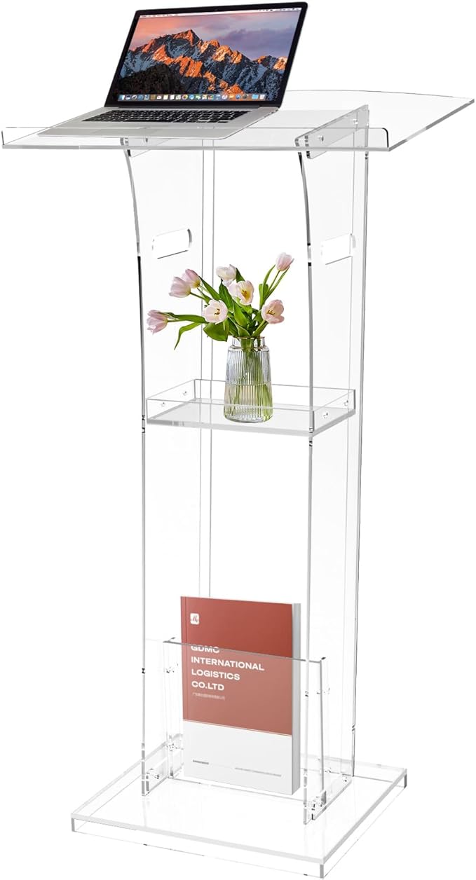 Acrylic Podium Stand with Storage Shelf,Transparent Lecterns & Podiums,Pulpits for Churches,Conference,Speeches,Weddings,Classroom,Concert,47" H Professional Presentation Podiums