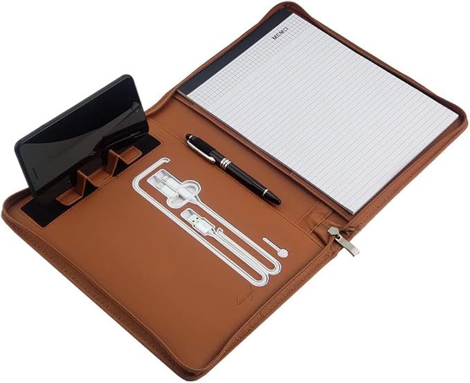 Phone Charging Business & Travel Portfolio w/Built-in Power Bank- Zipper Closure & Refillable Pad- Professional Organizer Padfolio That Charges Phones/Tablets on The Go (Brown)