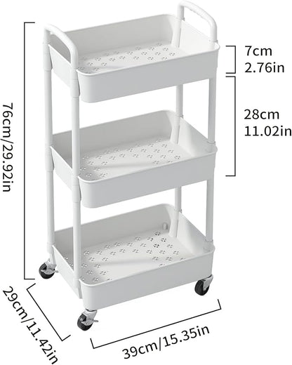 Sywhitta 3-Tier Plastic Rolling Utility Cart with Handle, Multi-Functional Storage Trolley for Office, Living Room, Kitchen, Movable Storage Organizer with Wheels, White