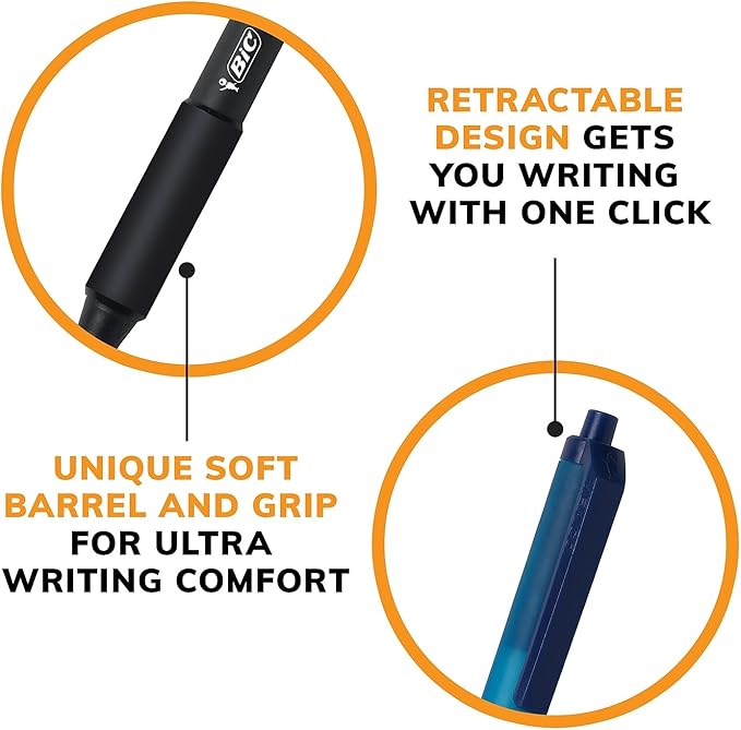 BIC Soft Feel Ballpoint Pens, Fine Point, 0.8 mm, Black Barrel, Black Ink, Box Of 12 Stick Pens (SCSF11-BLK)