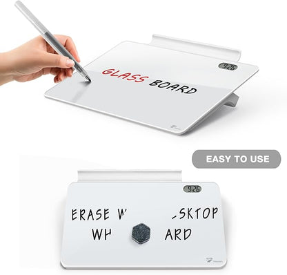 Small Glass Desk Whiteboard Dry-Erase Board with Clock, Small Travel Clock Keychain with Desk Notepad, Time Table Whiteboard for Desk Digital LED Light Display, 8x6 in with Accessories, White
