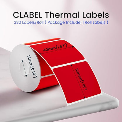 Clabel Thermal Label 1.57'' x 1.18'' (40x30mm) Self-Adhesive Stickers for 220B/221B/230B Label Maker 330 Labels/Roll Black Text on Red Paper in Stronger Waterproof Tear-Resistant for Business Home