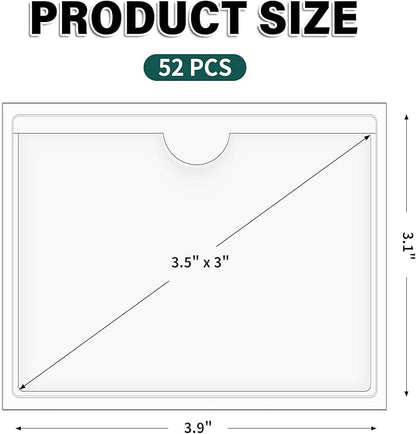 52 Pack Index Card Pockets with Top Open, 3.5 x 3 Inch Adhesive Label Pockets Clear Plastic Index Card Holder for Organizing, Storage Bins, Library Cards, Notes