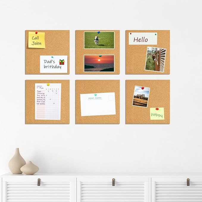 6 Packs Cork Board Tiles 12" x 12", 0.35" Thick Self-Adhesive Cork Boards for Walls with 50 Push Pins, Square Bulletin Boards Cork Tiles for Home Office Decorative