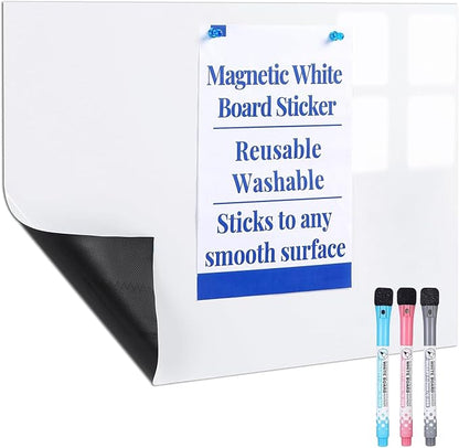 Magnetic Dry Erase Board, 16 x24 Inches Reusable White Board Sticker with Markers and Magnets, Whiteboard Wallpaper for Fridge and Wall, Dry Erase Paper for Kids, Kitchen, Office, Classroom