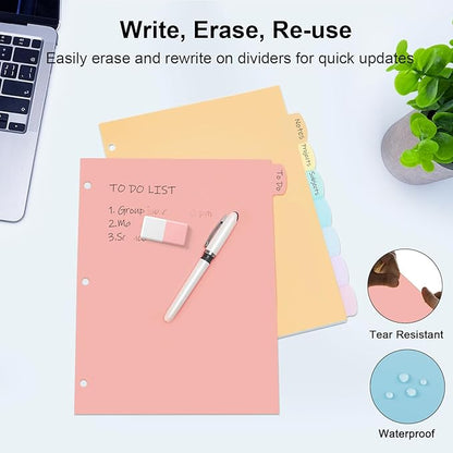 16 Count/2 Sets Write & Erase Binder Dividers with Tabs, Durable Plastic 8 Tab Dividers for 3 Ring Binder Letter Size, Separators for Student School Home Office Document Organizer, Pastel