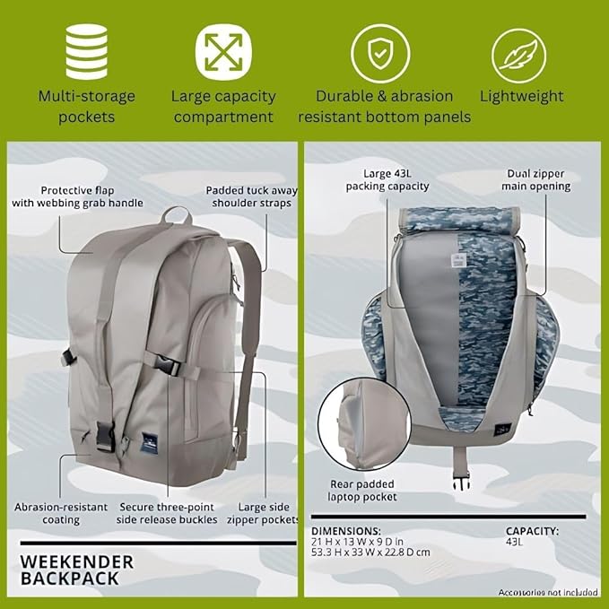 Skyway Luggage Rainier Weekender Backpack, Eco-Friendly, Made of 100% rPET Travel Laptop Bag for Women & Men, Flight Approved Carry On Bag, 43L, Crater Black