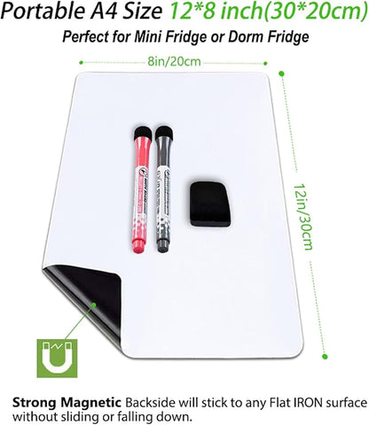 Magnetic Dry Erase Board Fridge Whiteboard Sheet 12"x 8", Easy to Write and Clean, Small Refrigerator White Board for Home Kitchen Shopping List & to Do List, 2 Markers and Eraser with Magnets