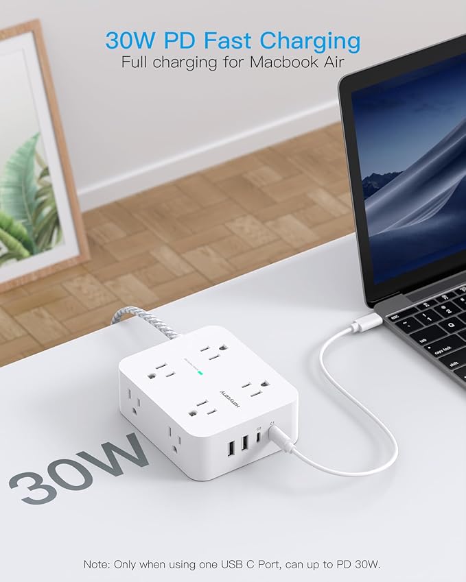 10 Ft Extension Cord with Multiple Outlets, Flat Plug Power Strip Surge Protector 10 Ft Long Cord, 8 Outlets, 30W USB C Charger (2 USB C Ports), Multi Plug Wall Outlet for College Dorm Room Essentials