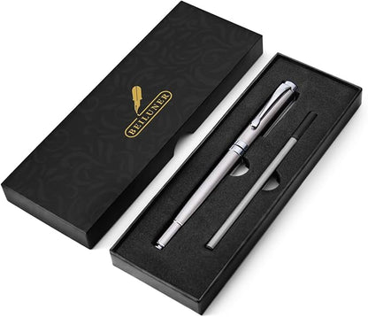 BEILUNER Silver Ballpoint Pens, Stainless Steel Body, Smooth Writing Experience, Dishwasher Safe, Gift Box with Extra Refill