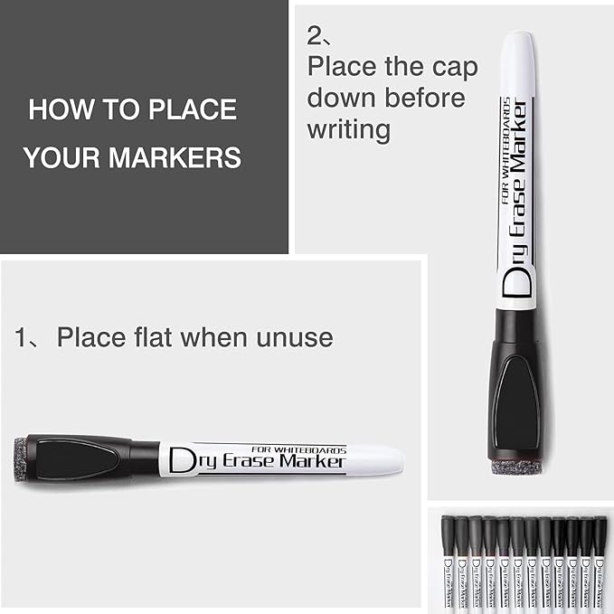 Volcanics Magnetic Dry Erase Markers With Eraser Low Odor Fine Tip Whiteboard Pens Pack of 12, Black