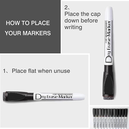 Volcanics Magnetic Dry Erase Markers With Eraser Low Odor Fine Tip Whiteboard Pens Pack of 12, Black