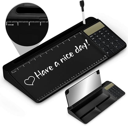 Desktop Glass Whiteboard with Mirror & Calculator(12 Digit LCD Display) & Ruler Marker,Tilted Computer Keyboard Stand with Dry Erase Board Surface, Desk Organizers with Accessories,Black