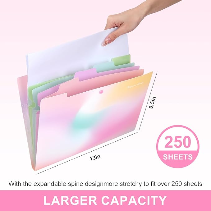 Ddaowanx Expanding File Folder, Letter A4 Size Accordion Plastic File Organizer, 5 Pocket Folders for Documents, Aesthetic Folder with Labels, Paper Organizer for School Office (Aurora Pink)